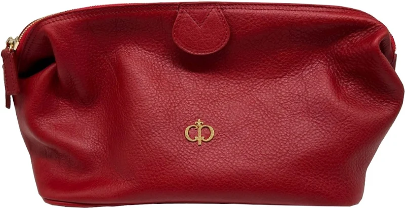 Casa Padrino Luxus Echtleder Kosmetiktasche Rot / Gold 28 cm - Made in Italy