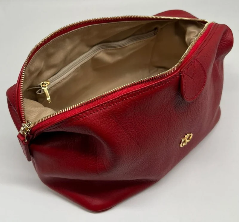 Casa Padrino Luxus Echtleder Kosmetiktasche Rot / Gold 28 cm - Made in Italy