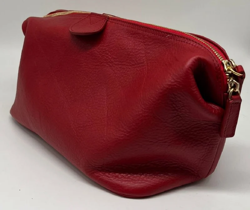 Casa Padrino Luxus Echtleder Kosmetiktasche Rot / Gold 28 cm - Made in Italy