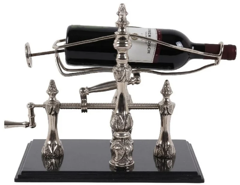 Casa Padrino Jugendstil Weinständer Silber / Schwarz 40 cm - Weinflaschenständer mit Marmorsockel