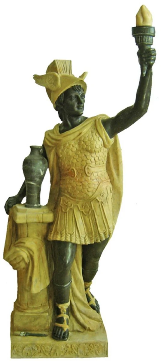 Casa Padrino Antik Stil Marmor Skulptur Römer mit Fackel links Gelb / Grau H. 150 cm