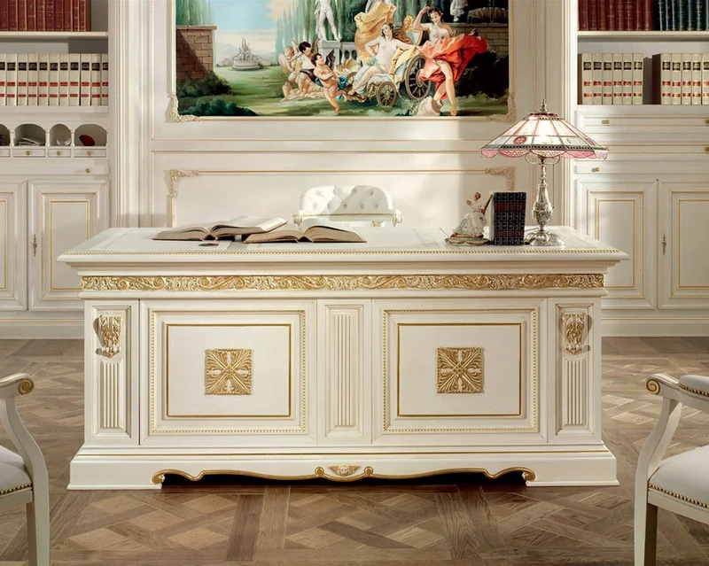 Casa Padrino Luxus Barock Schreibtisch Weiß / Gold 196 cm - Made in Italy