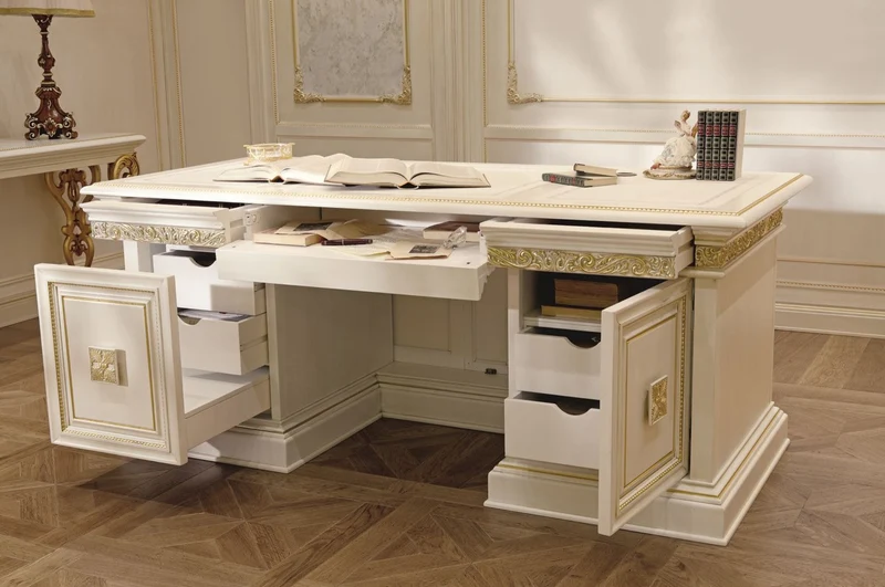Casa Padrino Luxus Barock Schreibtisch Weiß / Gold 196 cm - Made in Italy