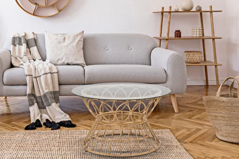 Casa Padrino Luxus Couchtisch mit Glasplatte Naturfarben Ø 75 cm - Wohnzimmer Möbel