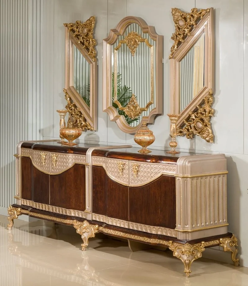 Casa Padrino Luxus Barock Sideboard und 3 Wandspiegel Dunkelbraun / Grau / Gold - Barock Möbel