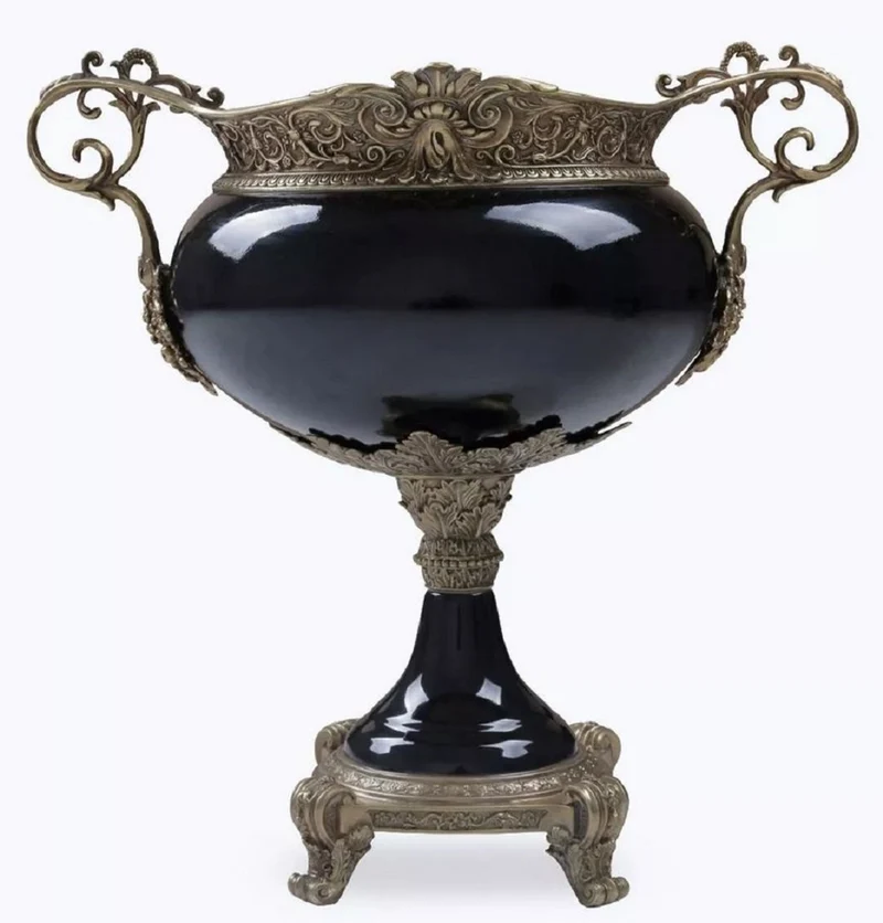 Casa Padrino Barock Porzellan Schüssel Schwarz / Bronze H. 36 cm - Barock Deko Accessoires