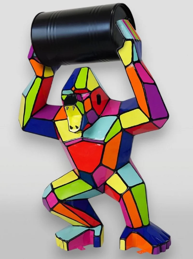Casa Padrino XXL Deko Skulptur Gorilla mit Fass Bunt / Schwarz H. 140 cm