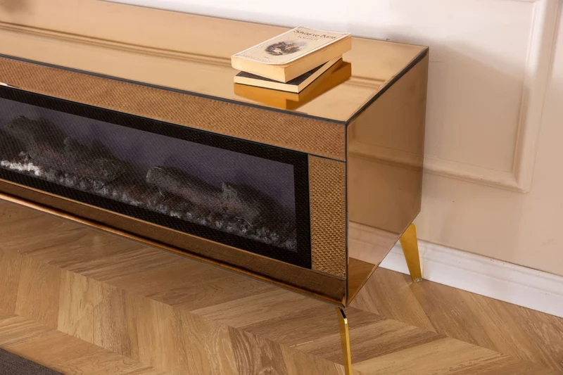 Casa Padrino Luxus TV Schrank mit LED Elektrokamin und Fernbedienung Gold 180 cm