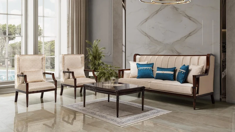 Casa Padrino Luxus Barockstil Wohnzimmer Möbel Set Beige / Blau / Dunkelbraun