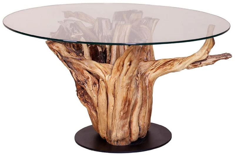 Casa Padrino Luxus Couchtisch mit Glasplatte Naturfarben / Schwarz Ø 90 cm