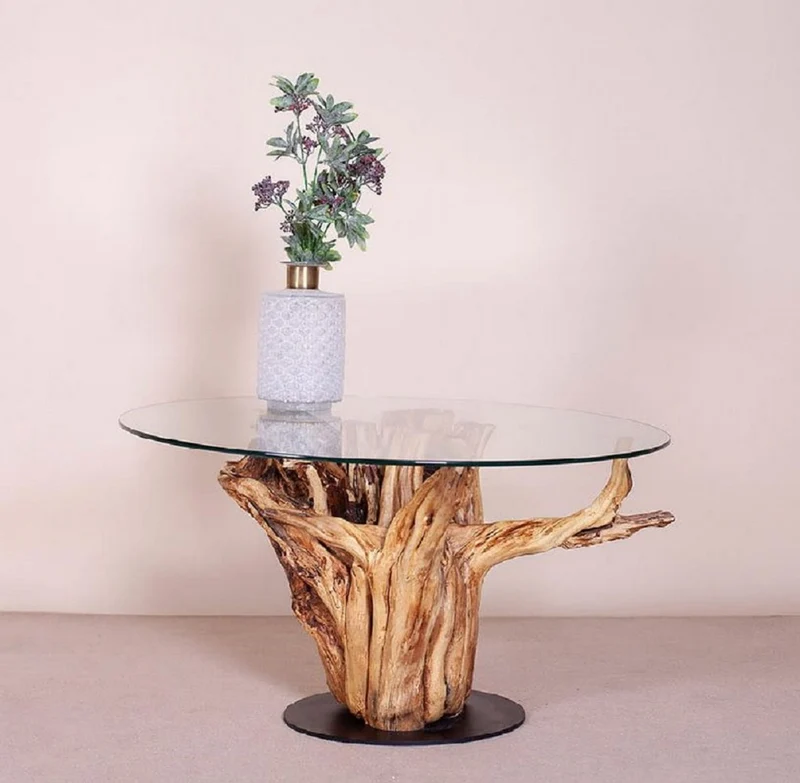Casa Padrino Luxus Couchtisch mit Glasplatte Naturfarben / Schwarz Ø 90 cm