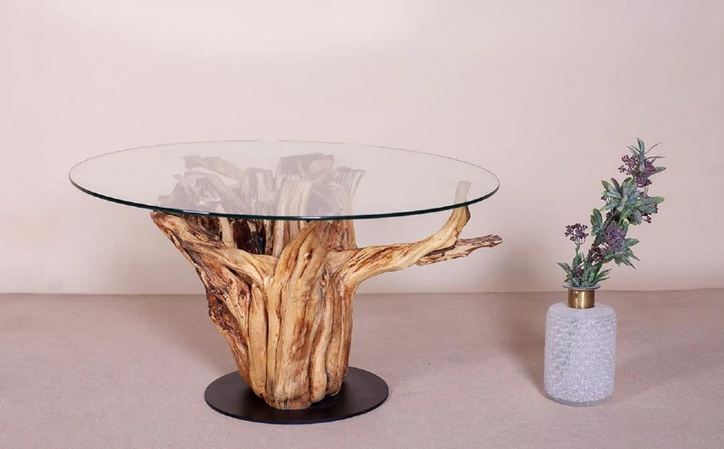 Casa Padrino Luxus Couchtisch mit Glasplatte Naturfarben / Schwarz Ø 90 cm