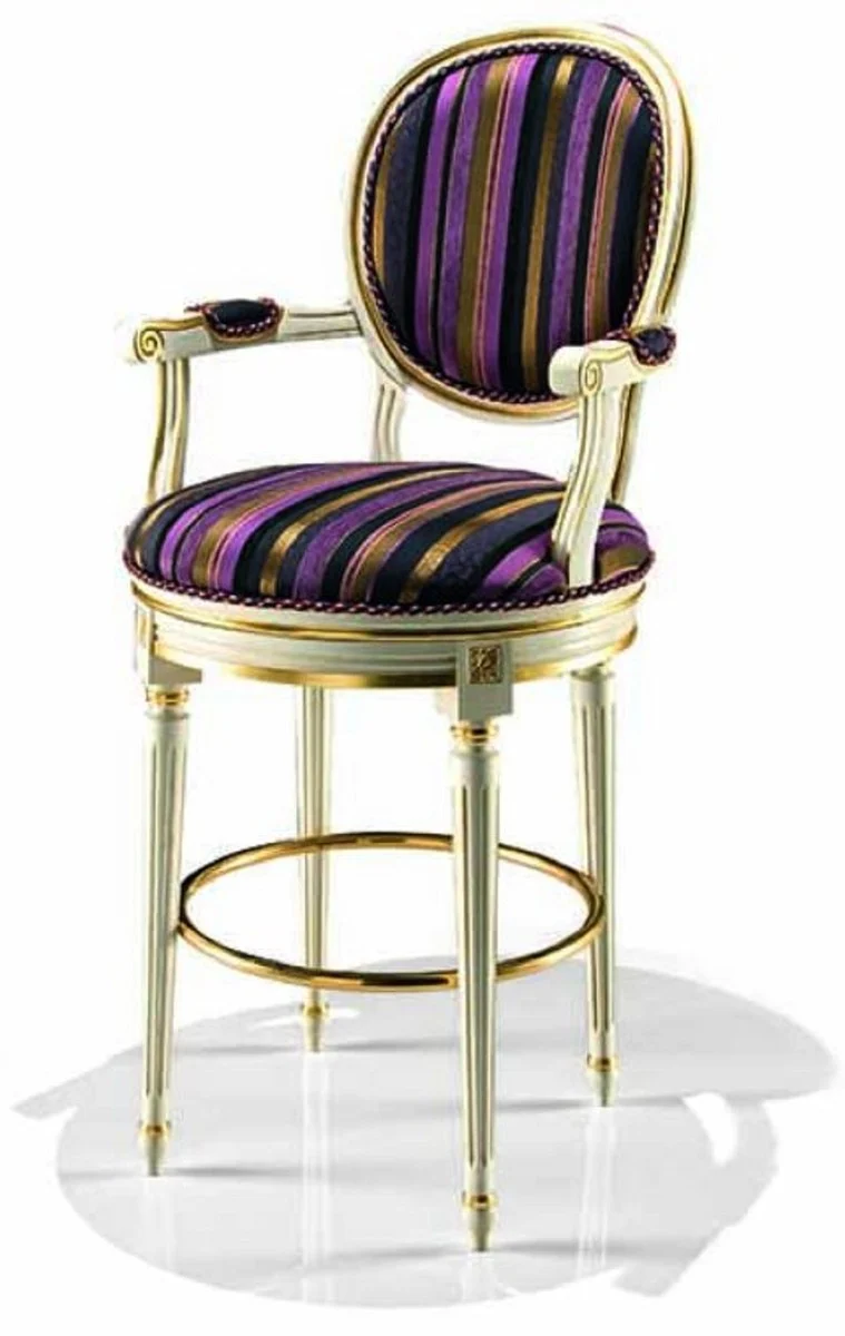 Casa Padrino Luxus Barock Barstuhl mit Armlehnen Mehrfarbig / Elfenbein / Gold - Made in Italy
