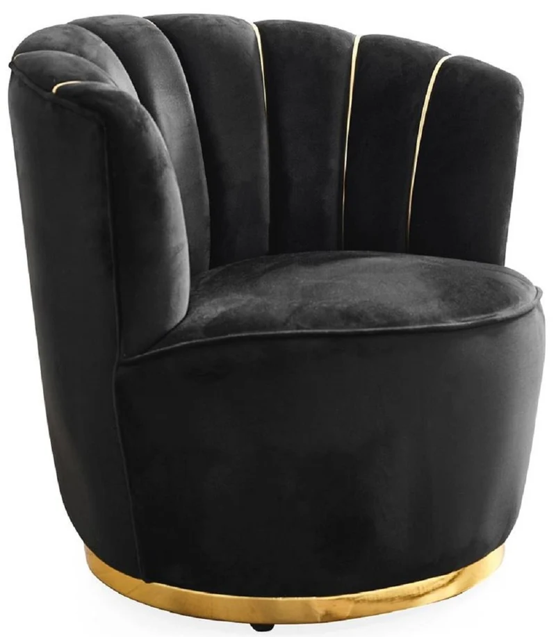 Casa Padrino Luxus Wohnzimmer Sessel Schwarz / Gold Ø 75 x H. 90 cm
