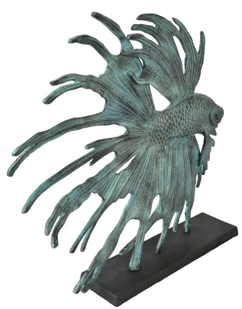 Casa Padrino Luxus Aluminium Deko Skulptur siamesischer Kampffisch Türkis / Schwarz 55 x 11,5 x H. 52,5 cm - Aluminium Deko Figur mit Holzsockel - Wohnzimmer Deko - Schreibtisch Deko