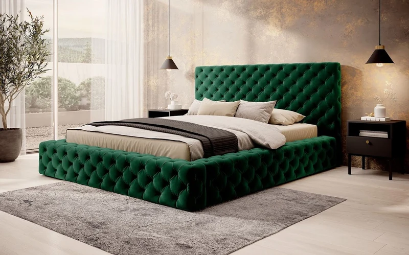 Casa Padrino Luxus Chesterfield Samt Doppelbett mit Matratze Grün - Verschiedene Größen