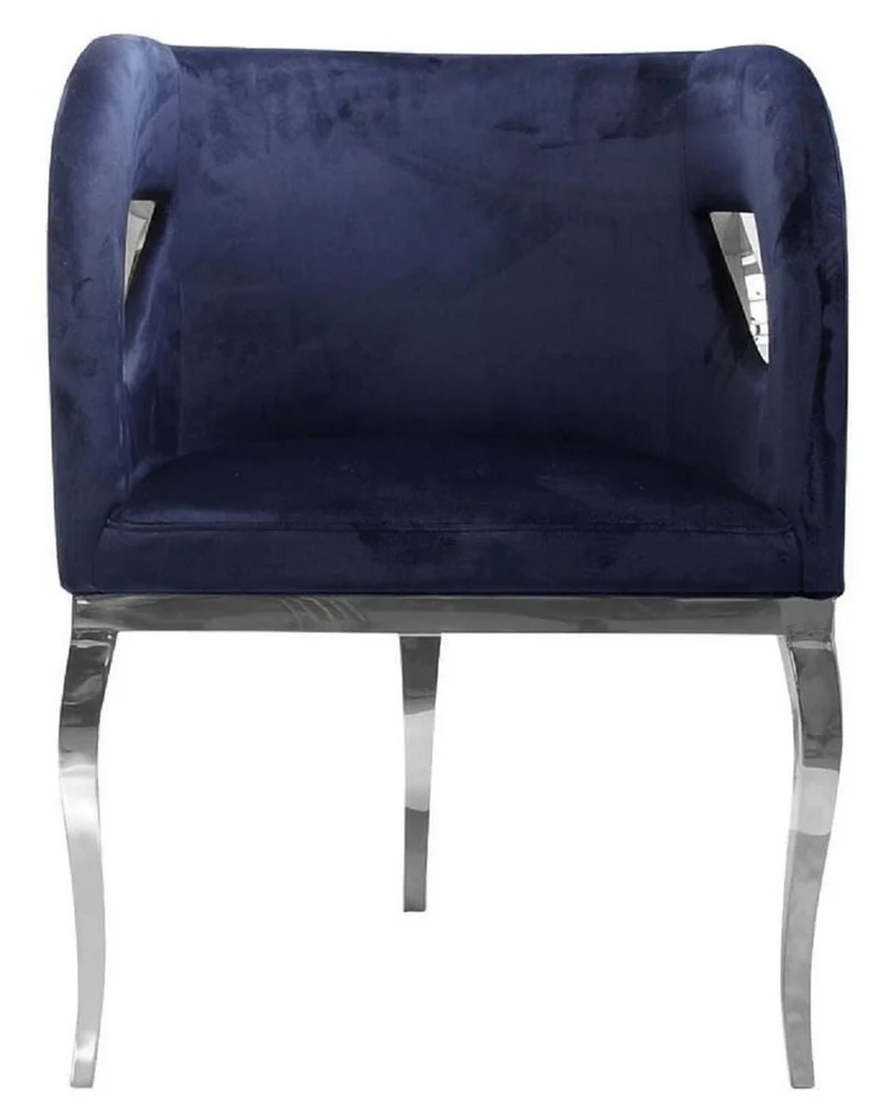 Casa Padrino Luxus Samt Sessel Blau / Silber 78 x 55 x H. 59 cm - Wohnzimmer Sessel - Hotel Sessel - Wohnzimmer Möbel - Luxus Möbel - Wohnzimmer Einrichtung - Luxus Einrichtung - Möbel Luxus