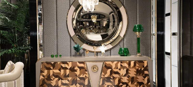 Casa Padrino Luxus Möbel Set Grau / Braun / Gold - 1 Luxus Sideboard mit 4 Türen & 1 Runder Luxus Spiegel - Luxus Möbel - Luxus Kollektion