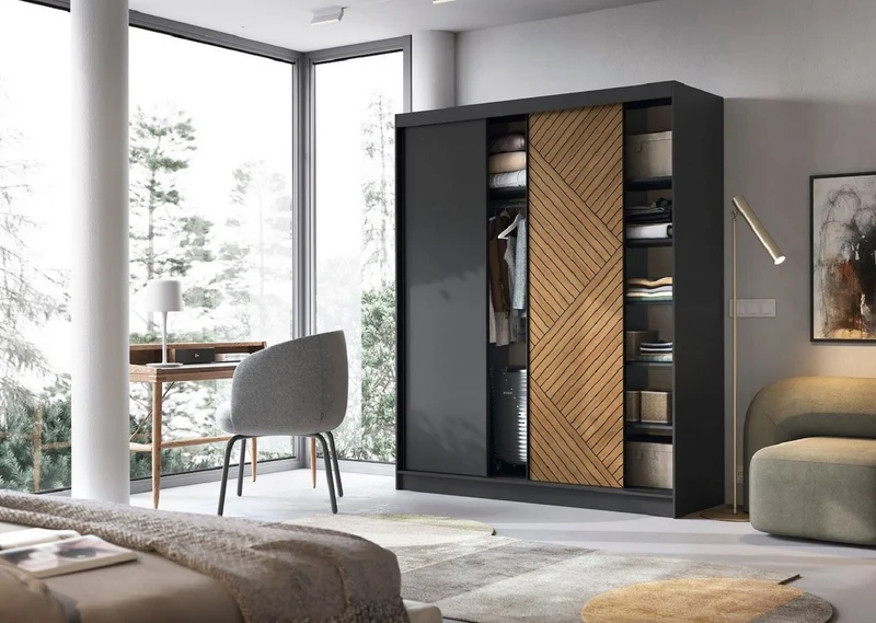 Casa Padrino Luxus Schlafzimmerschrank Schwarz / Braun 180 x 60 x H. 220 cm - Kleiderschrank mit 3 Schiebetüren - Schlafzimmer Möbel - Hotel Möbel - Luxus Möbel