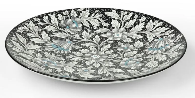Casa Padrino Luxus Keramik Teller 6er Set Schwarz / Mehrfarbig Ø 40 cm - Handgefertigte & handbemalte Essteller mit Blumendesign - Hotel & Restaurant Accessoires - Luxus Qualität - Made in Italy