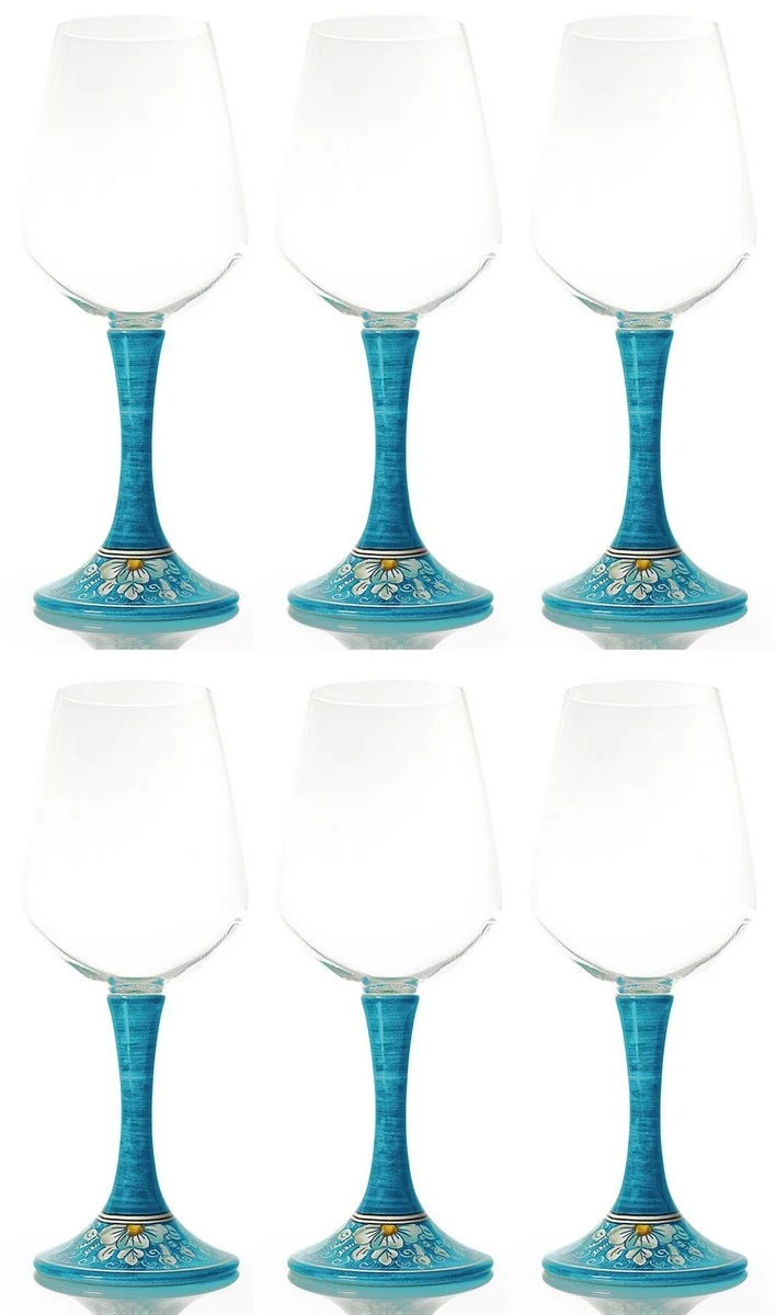 Casa Padrino Luxus Weinglas 6er Set Hellblau / Mehrfarbig H. 23,5 cm - Handgefertigte & handbemalte Weingläser - Hotel & Restaurant Accessoires - Luxus Qualität - Made in Italy