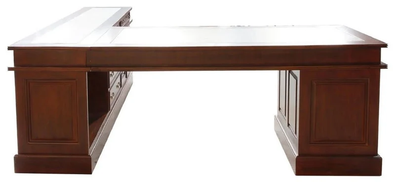 Casa Padrino Luxus Mahagoni Eckschreibtisch Dunkelbraun / Grün 225 x 200 x H. 80 cm - Massivholz Bürotisch - Mahagoni Büro Möbel - Luxus Büro Möbel