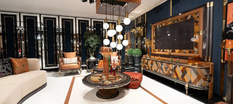 Casa Padrino Luxus Art Deco TV Schrank Set Mehrfarbig / Braun / Grau / Gold - Massivholz Wohnzimmer Sideboard mit TV Rückwand - Luxus Art Deco Wohnzimmer Möbel