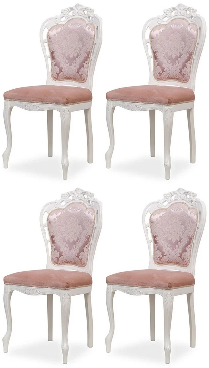 Casa Padrino Luxus Barock Esszimmer Stuhl 4er Set mit elegantem Muster Rosa / Weiß - Barockstil Küchen Stühle - Prunkvolle Luxus Esszimmer Möbel im Barockstil - Edel & Prunkvoll