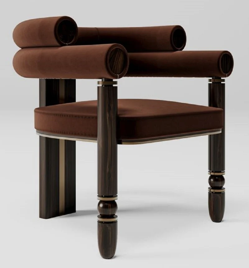 Casa Padrino Luxus Samt Esszimmer Stuhl mit Armlehnen Braun / Dunkelbraun / Messing 69 x 63 x H. 72 cm - Küchen Stuhl mit edlem Samtstoff - Esszimmer Möbel - Luxus Möbel