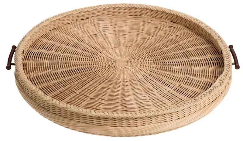 Casa Padrino Luxus Serviertablett Naturfarben / Braun Ø 83 x H. 9 cm - Rundes Rattan Tablett mit 2 Tragegriffen - Gastronomie & Restaurant Accessoires - Luxus Accessoires