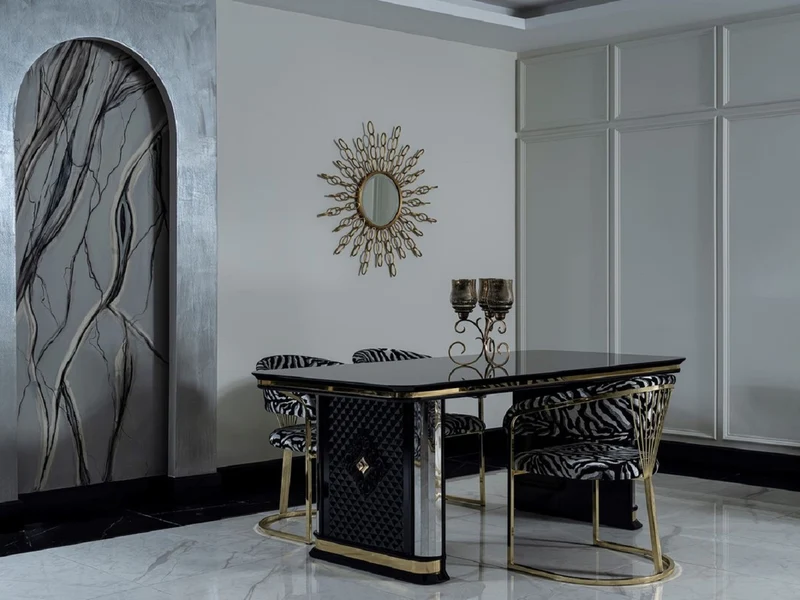 Casa Padrino Luxus Art Deco Esszimmer Set Schwarz / Gold - 1 Esstisch & 4 Stühle