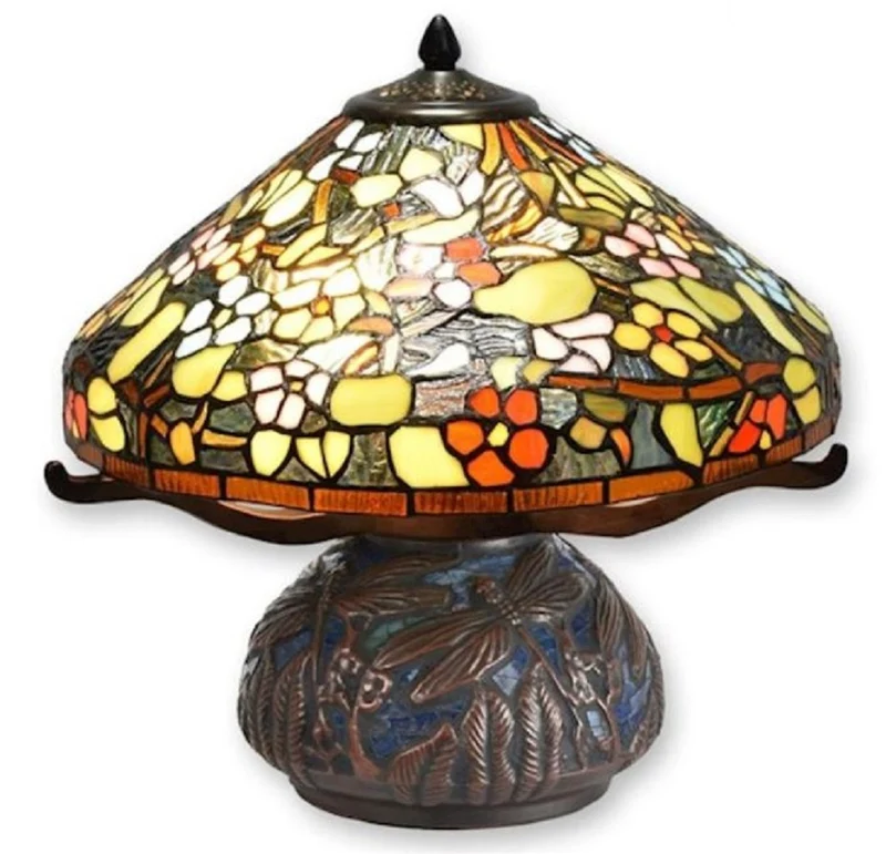 Casa Padrino Luxus Tiffany Tischleuchte Mehrfarbig / Braun Ø 42,3 x H. 40 cm - Runde Tiffany Schreibtischleuchte - Luxus Interior - Luxus Leuchten - Tiffany Leuchten