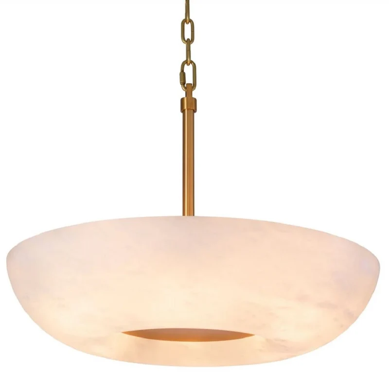 Casa Padrino Luxus Hängeleuchte Alabaster / Antik Messing Ø 60 x H. 15 cm - Metall Hängelampe mit rundem Alabaster Lampenschirm - Wohnzimmer Hängeleuchte - Luxus Leuchten - Luxus Qualität