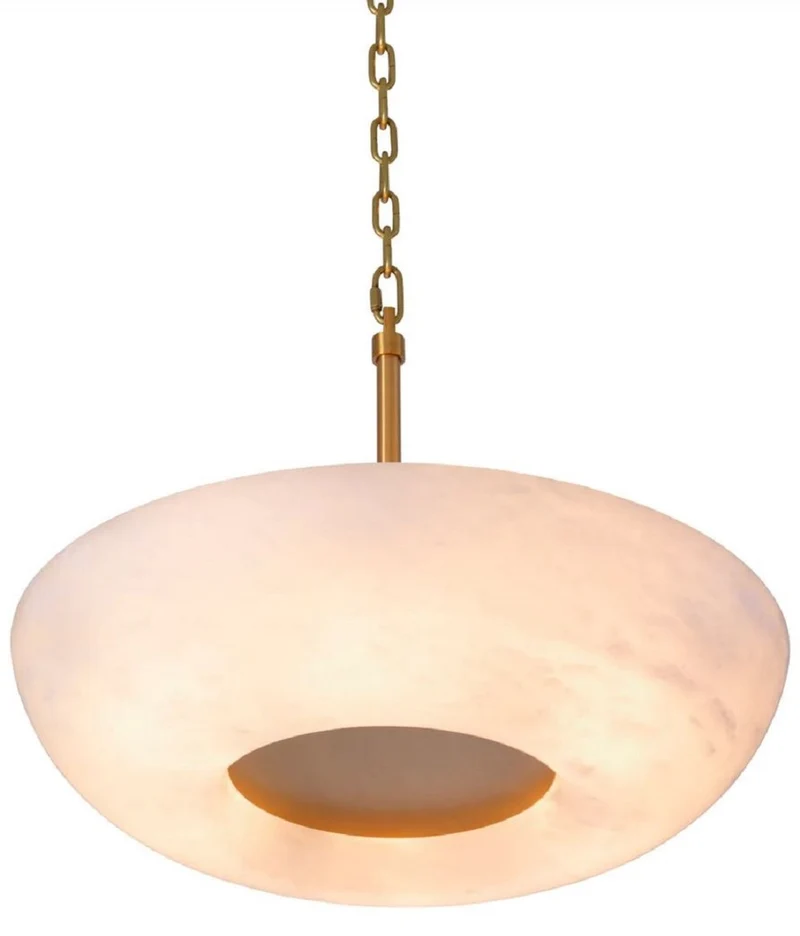 Casa Padrino Luxus Hängeleuchte Alabaster / Antik Messing Ø 60 x H. 15 cm - Metall Hängelampe mit rundem Alabaster Lampenschirm - Wohnzimmer Hängeleuchte - Luxus Leuchten - Luxus Qualität