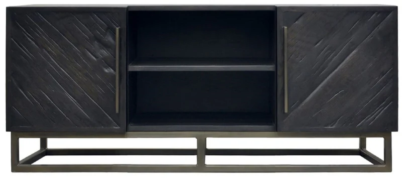 Casa Padrino Luxus Massivholz TV Schrank Schwarz / Messing 160 x 43 x H. 60 cm - Rustikales Eichenholz Wohnzimmer Sideboard mit 2 Türen - Rustikale Luxus Massivholz Wohnzimmer Möbel