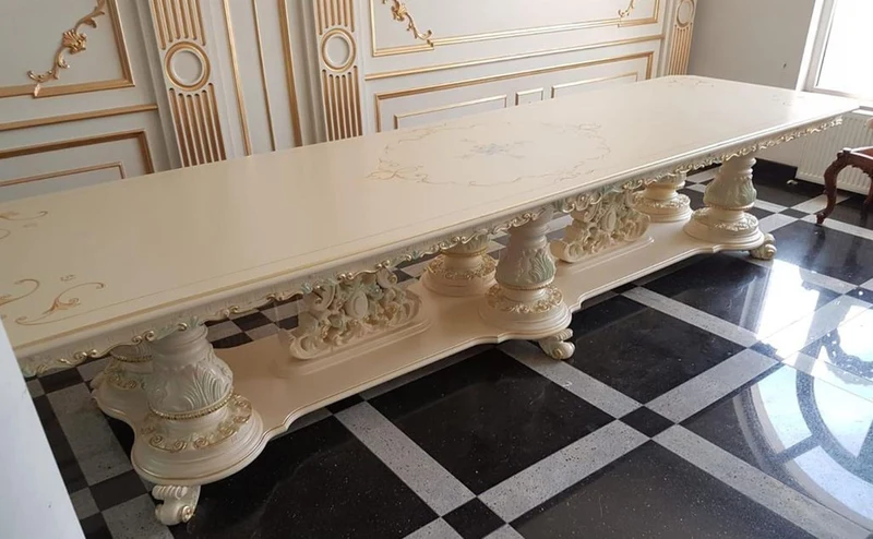 Casa Padrino Luxus Barock Esstisch Elfenbein / Mehrfarbig / Gold - Riesiger Massivholz Esszimmertisch im Barockstil - Barock Esszimmer & Hotel Möbel - Luxus Qualität - Made in Italy