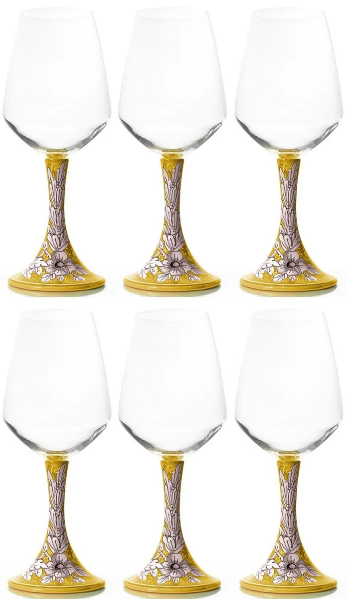 Casa Padrino Luxus Keramik Weinglas 6er Set Gelb / Mehrfarbig H. 23,5 cm - Handgefertigte & handbemalte Weingläser - Hotel & Restaurant Accessoires - Luxus Qualität - Made in Italy