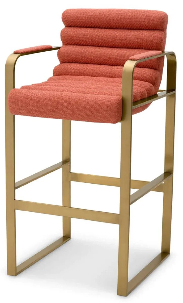 Casa Padrino Luxus Barstuhl mit Armlehnen Orange / Messing 53,5 x 57,5 x H. 107 cm - Gepolsterter Edelstahl Barhocker - Bar Möbel - Luxus Möbel - Luxus Qualität