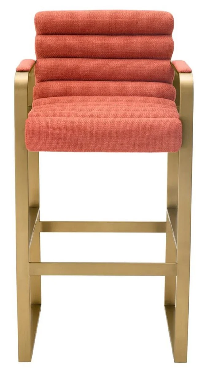 Casa Padrino Luxus Barstuhl mit Armlehnen Orange / Messing 53,5 x 57,5 x H. 107 cm - Gepolsterter Edelstahl Barhocker - Bar Möbel - Luxus Möbel - Luxus Qualität