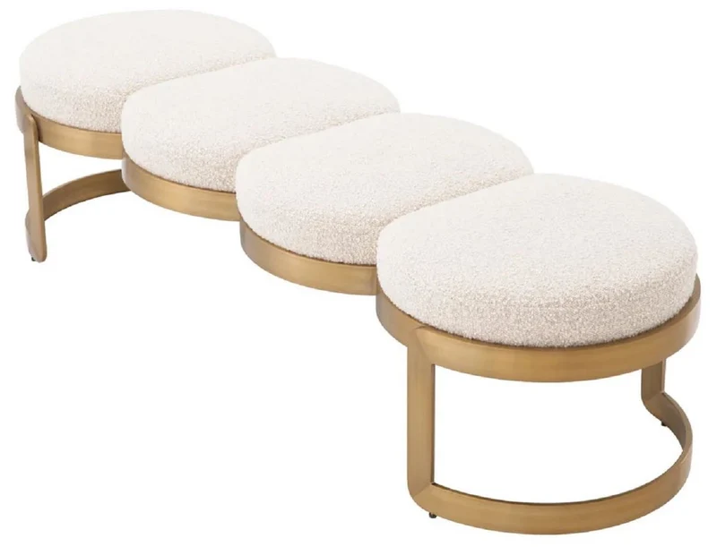 Casa Padrino Luxus Sitzbank Creme / Messing 160 x 50 x H. 40 cm - Gepolsterte Edelstahl Bank - Wohnzimmer Möbel - Hotel Möbel - Luxus Qualität