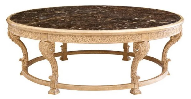 Casa Padrino Luxus Barock Couchtisch mit Marmorplatte Naturfarben / Schwarz - Runder Wohnzimmertisch im Barockstil - Barock Möbel - Edel & Prunkvoll - Luxus Qualität - Made in Italy