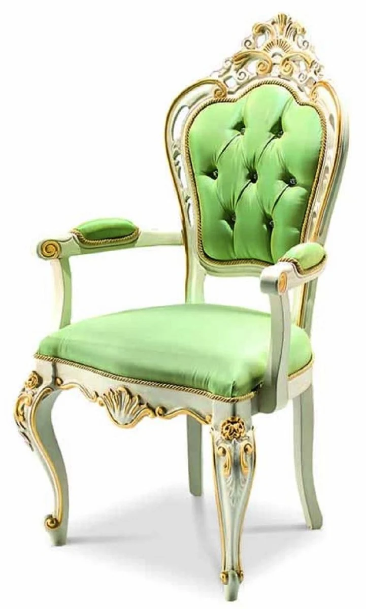 Casa Padrino Luxus Barock Esszimmer Stuhl mit Armlehnen Grün / Weiß / Gold - Made in Italy