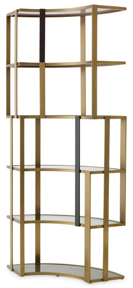 Casa Padrino Luxus Regalschrank Messing / Schwarz / Grau 115 x 37 x H. 240 cm - Gebogener Metall Schrank mit 6 Glasregalen - Wohnzimmer Möbel - Hotel Möbel - Luxus Möbel - Luxus Qualität
