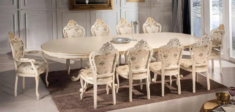 Casa Padrino Luxus Barock Esszimmer Set Elfenbein / Mehrfarbig / Gold - 1 Esstisch 350 cm & 10 Esszimmer Stühle - Barock Möbel