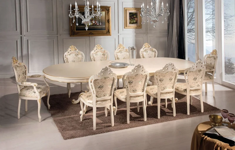 Casa Padrino Luxus Barock Esszimmer Set Elfenbein / Mehrfarbig / Gold - 1 Esstisch 350 cm & 10 Esszimmer Stühle - Barock Möbel