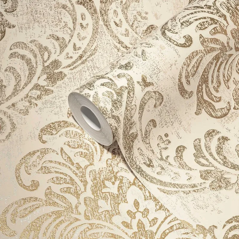 Casa Padrino Barock Vliestapete Creme / Gold Metallic