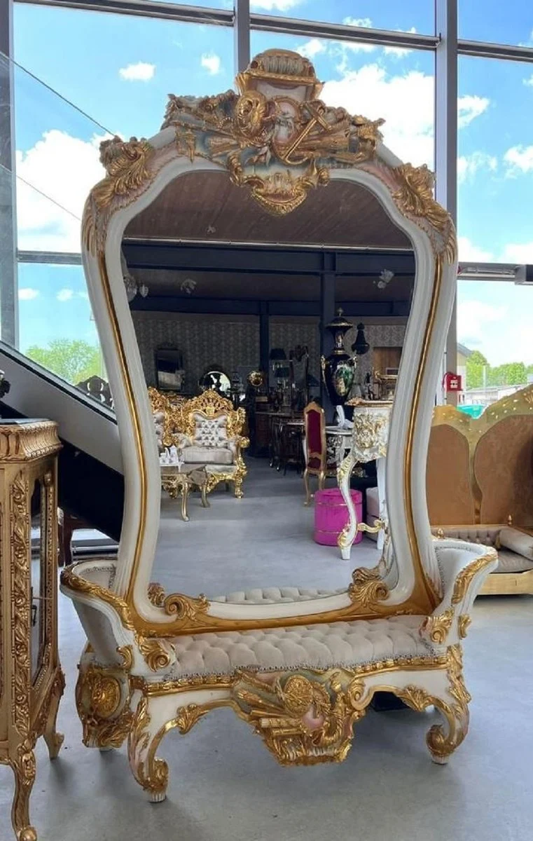 Casa Padrino Barock Spiegel mit Sitzbank Weiß / Grau / Mehrfarbig / Gold - Prunkvolle Barock Spiegelkonsole - Garderoben Möbel Barockstil - Barock Möbel - Edel & Prunkvoll