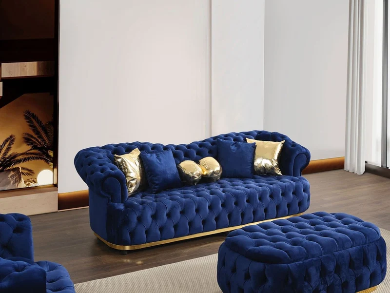 Casa Padrino Luxus Chesterfield Samt Sofa Blau / Gold / Schwarz 240 cm