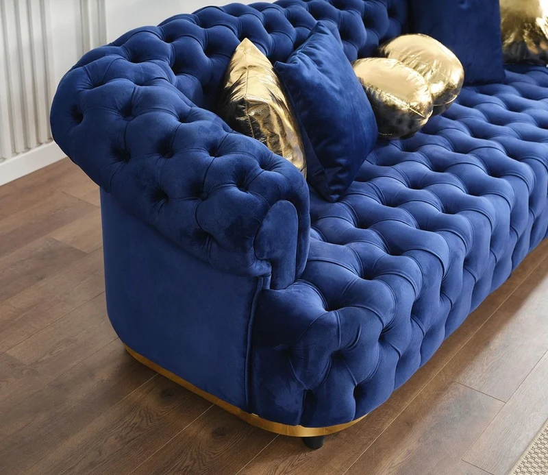 Casa Padrino Luxus Chesterfield Samt Sofa Blau / Gold / Schwarz 240 cm