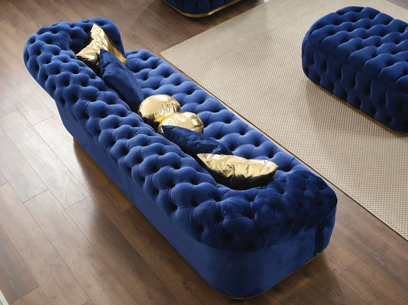 Casa Padrino Luxus Chesterfield Samt Sofa Blau / Gold / Schwarz 240 cm